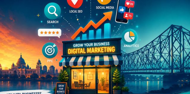 Digital marketing benefits illustration showing a Kolkata business growing online with SEO, ads, and social media icons.